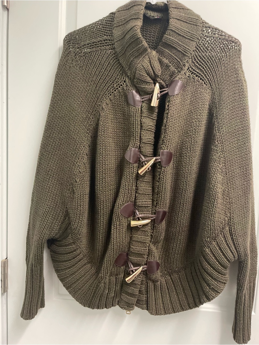 FYLO Olive Toggle-Knit Shawl Collar Cardigan